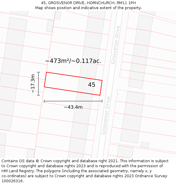 45, GROSVENOR DRIVE, HORNCHURCH, RM11 1PH: Plot and title map