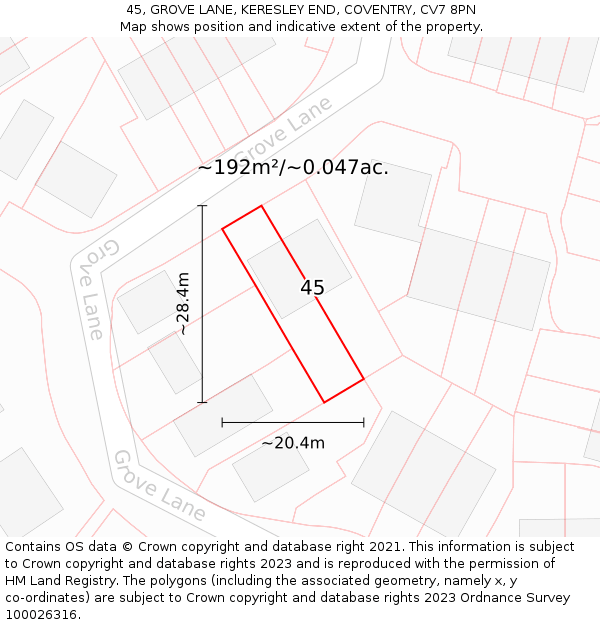 45, GROVE LANE, KERESLEY END, COVENTRY, CV7 8PN: Plot and title map