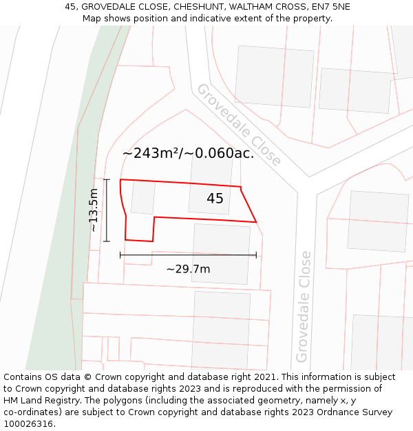 45, GROVEDALE CLOSE, CHESHUNT, WALTHAM CROSS, EN7 5NE: Plot and title map