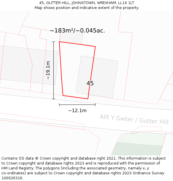 45, GUTTER HILL, JOHNSTOWN, WREXHAM, LL14 1LT: Plot and title map