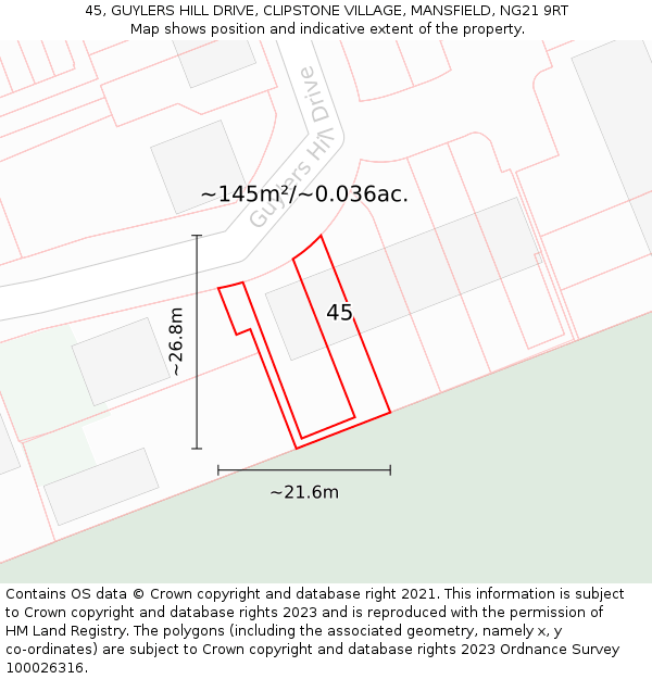 45, GUYLERS HILL DRIVE, CLIPSTONE VILLAGE, MANSFIELD, NG21 9RT: Plot and title map