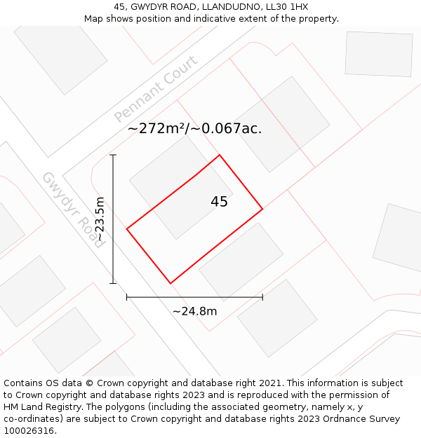 45, GWYDYR ROAD, LLANDUDNO, LL30 1HX: Plot and title map