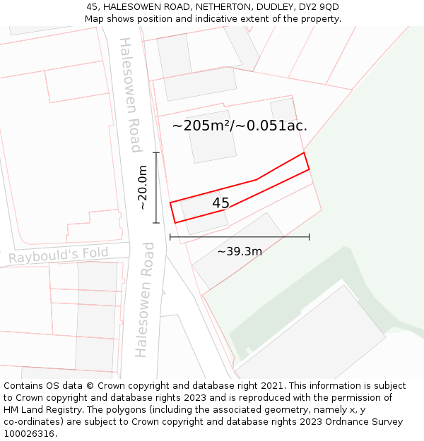 45, HALESOWEN ROAD, NETHERTON, DUDLEY, DY2 9QD: Plot and title map