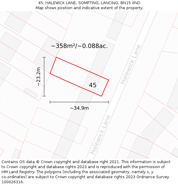 45, HALEWICK LANE, SOMPTING, LANCING, BN15 0ND: Plot and title map