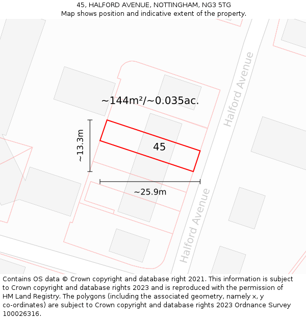 45, HALFORD AVENUE, NOTTINGHAM, NG3 5TG: Plot and title map