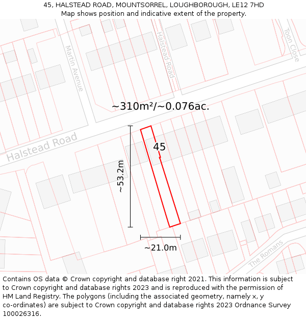 45, HALSTEAD ROAD, MOUNTSORREL, LOUGHBOROUGH, LE12 7HD: Plot and title map