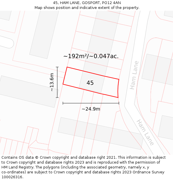 45, HAM LANE, GOSPORT, PO12 4AN: Plot and title map