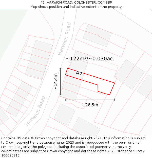 45, HARWICH ROAD, COLCHESTER, CO4 3BP: Plot and title map