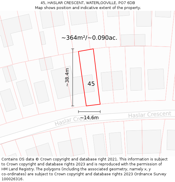 45, HASLAR CRESCENT, WATERLOOVILLE, PO7 6DB: Plot and title map