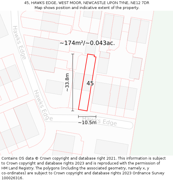 45, HAWKS EDGE, WEST MOOR, NEWCASTLE UPON TYNE, NE12 7DR: Plot and title map