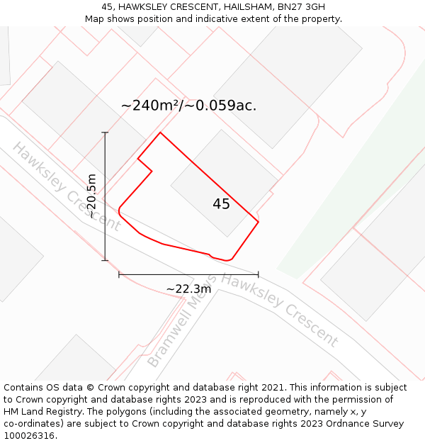 45, HAWKSLEY CRESCENT, HAILSHAM, BN27 3GH: Plot and title map