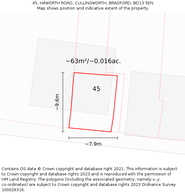 45, HAWORTH ROAD, CULLINGWORTH, BRADFORD, BD13 5EN: Plot and title map