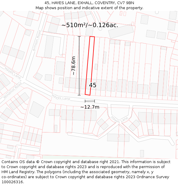 45, HAYES LANE, EXHALL, COVENTRY, CV7 9BN: Plot and title map