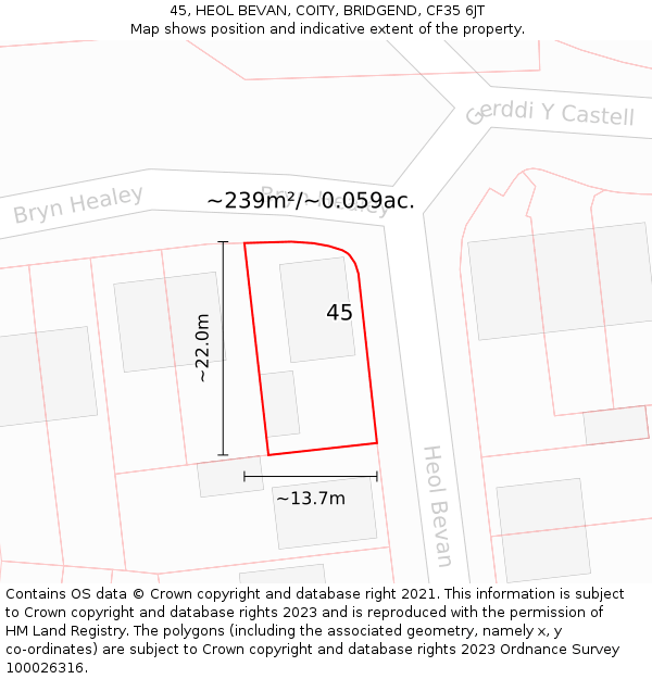 45, HEOL BEVAN, COITY, BRIDGEND, CF35 6JT: Plot and title map