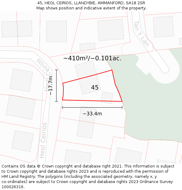 45, HEOL CEIRIOS, LLANDYBIE, AMMANFORD, SA18 2SR: Plot and title map