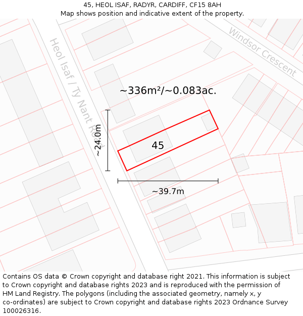 45, HEOL ISAF, RADYR, CARDIFF, CF15 8AH: Plot and title map