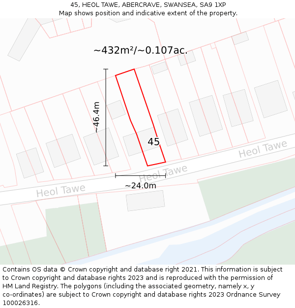 45, HEOL TAWE, ABERCRAVE, SWANSEA, SA9 1XP: Plot and title map