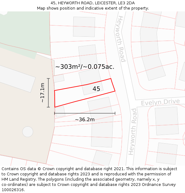 45, HEYWORTH ROAD, LEICESTER, LE3 2DA: Plot and title map