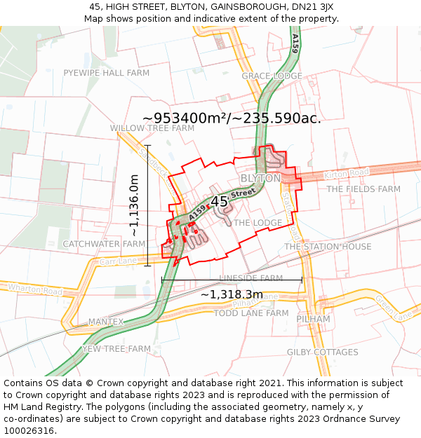 45, HIGH STREET, BLYTON, GAINSBOROUGH, DN21 3JX: Plot and title map