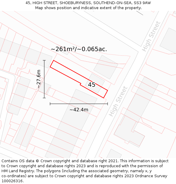 45, HIGH STREET, SHOEBURYNESS, SOUTHEND-ON-SEA, SS3 9AW: Plot and title map