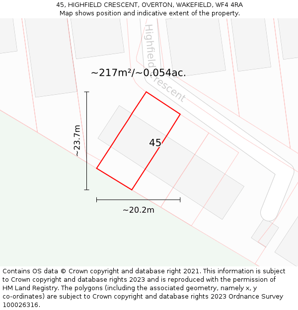 45, HIGHFIELD CRESCENT, OVERTON, WAKEFIELD, WF4 4RA: Plot and title map