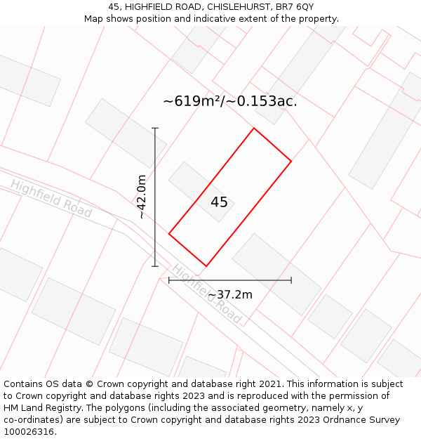 45, HIGHFIELD ROAD, CHISLEHURST, BR7 6QY: Plot and title map