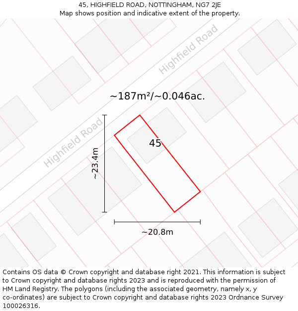 45, HIGHFIELD ROAD, NOTTINGHAM, NG7 2JE: Plot and title map