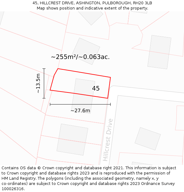 45, HILLCREST DRIVE, ASHINGTON, PULBOROUGH, RH20 3LB: Plot and title map