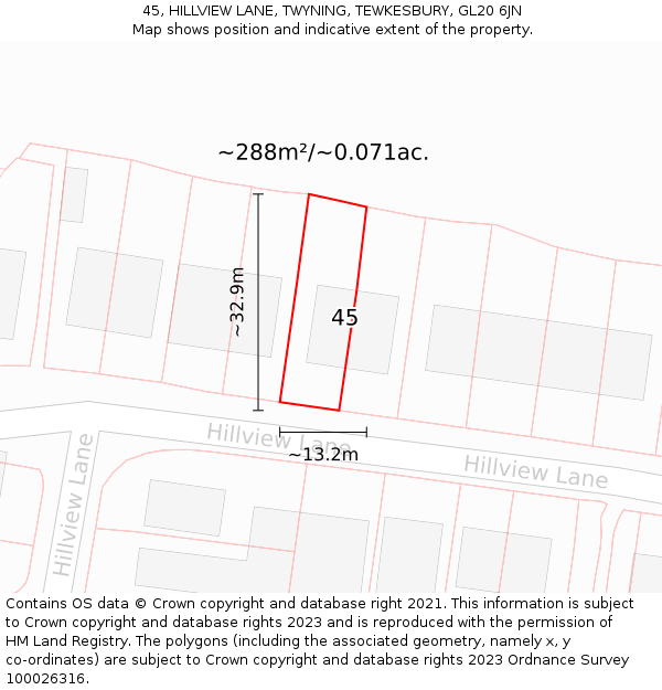 45, HILLVIEW LANE, TWYNING, TEWKESBURY, GL20 6JN: Plot and title map