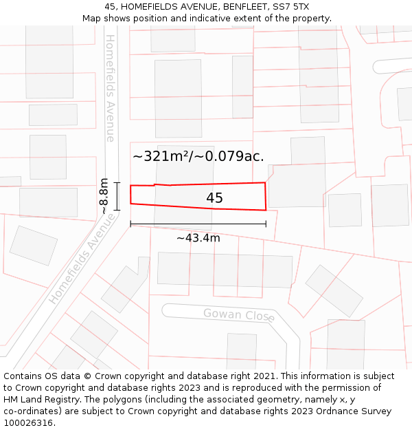 45, HOMEFIELDS AVENUE, BENFLEET, SS7 5TX: Plot and title map