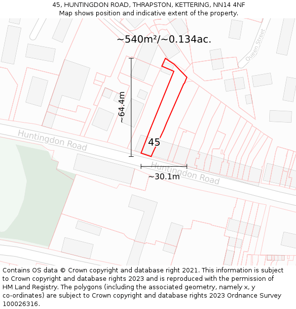 45, HUNTINGDON ROAD, THRAPSTON, KETTERING, NN14 4NF: Plot and title map