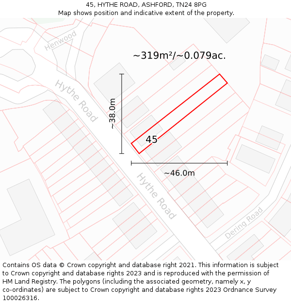 45, HYTHE ROAD, ASHFORD, TN24 8PG: Plot and title map