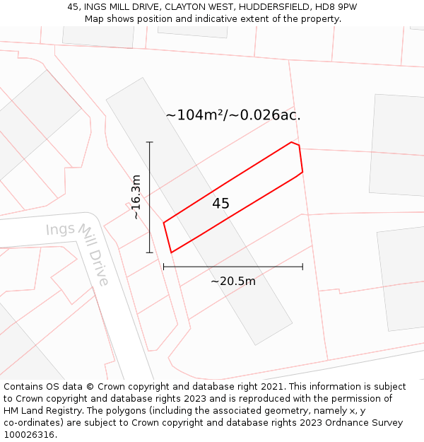 45, INGS MILL DRIVE, CLAYTON WEST, HUDDERSFIELD, HD8 9PW: Plot and title map