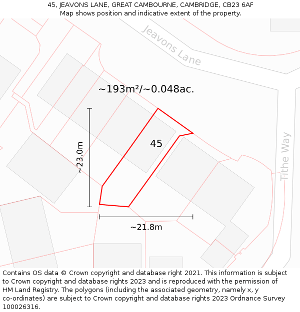 45, JEAVONS LANE, GREAT CAMBOURNE, CAMBRIDGE, CB23 6AF: Plot and title map