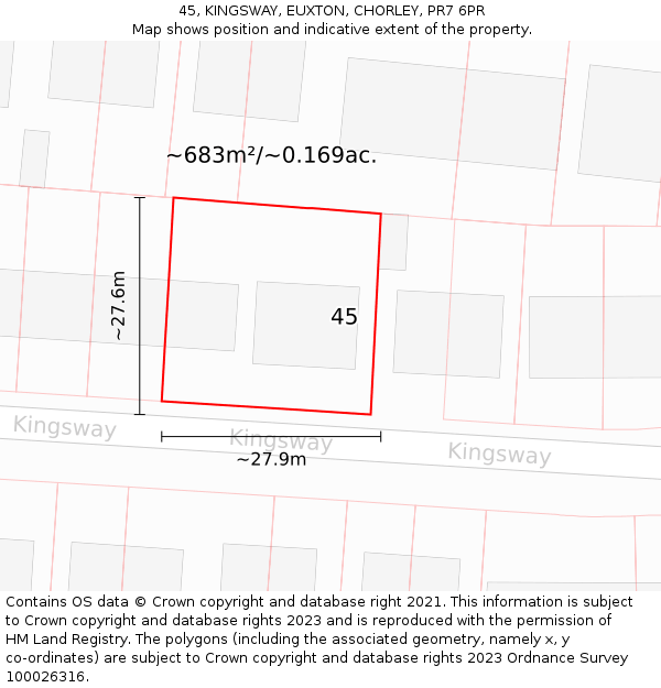 45, KINGSWAY, EUXTON, CHORLEY, PR7 6PR: Plot and title map