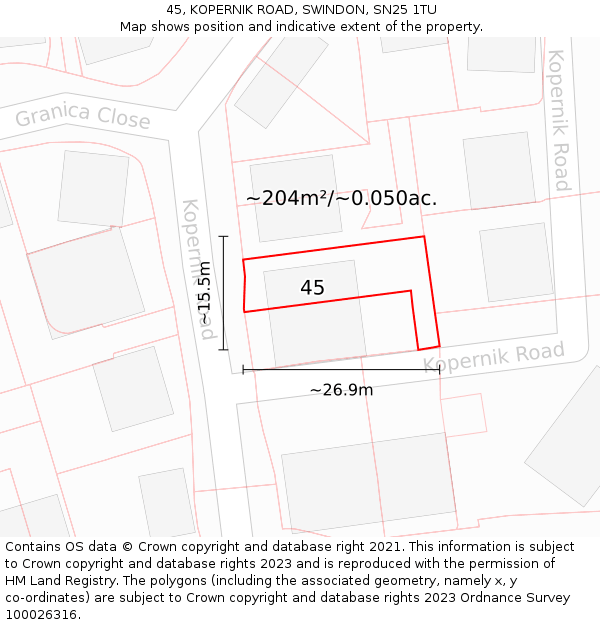 45, KOPERNIK ROAD, SWINDON, SN25 1TU: Plot and title map