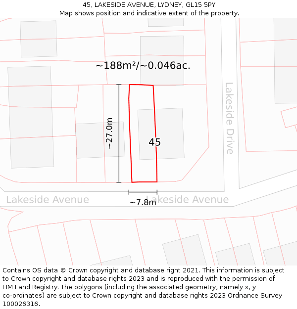 45, LAKESIDE AVENUE, LYDNEY, GL15 5PY: Plot and title map