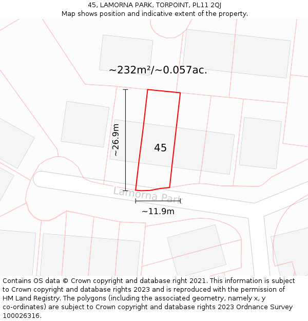 45, LAMORNA PARK, TORPOINT, PL11 2QJ: Plot and title map