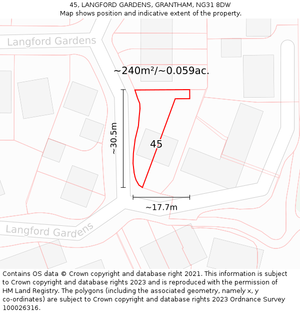 45, LANGFORD GARDENS, GRANTHAM, NG31 8DW: Plot and title map