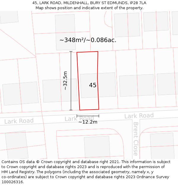 45, LARK ROAD, MILDENHALL, BURY ST EDMUNDS, IP28 7LA: Plot and title map