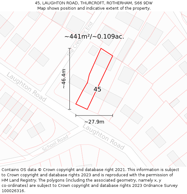 45, LAUGHTON ROAD, THURCROFT, ROTHERHAM, S66 9DW: Plot and title map