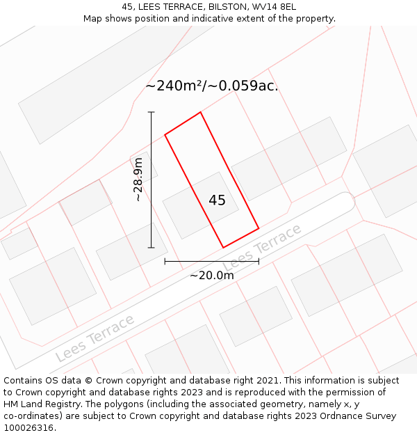 45, LEES TERRACE, BILSTON, WV14 8EL: Plot and title map