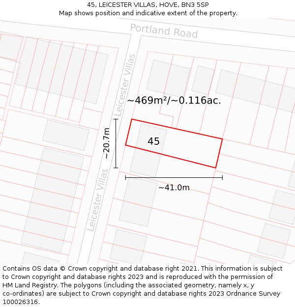 45, LEICESTER VILLAS, HOVE, BN3 5SP: Plot and title map