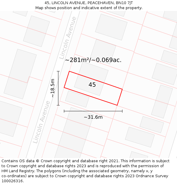 45, LINCOLN AVENUE, PEACEHAVEN, BN10 7JT: Plot and title map