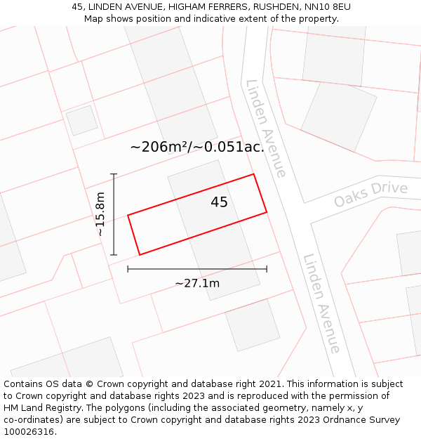 45, LINDEN AVENUE, HIGHAM FERRERS, RUSHDEN, NN10 8EU: Plot and title map