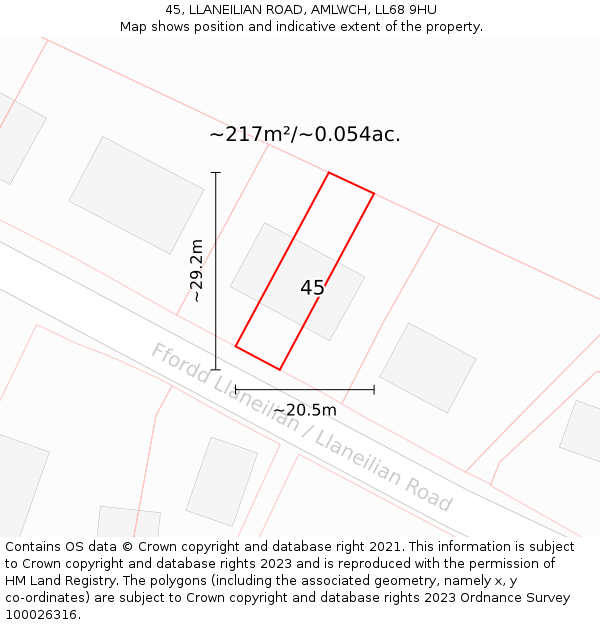 45, LLANEILIAN ROAD, AMLWCH, LL68 9HU: Plot and title map