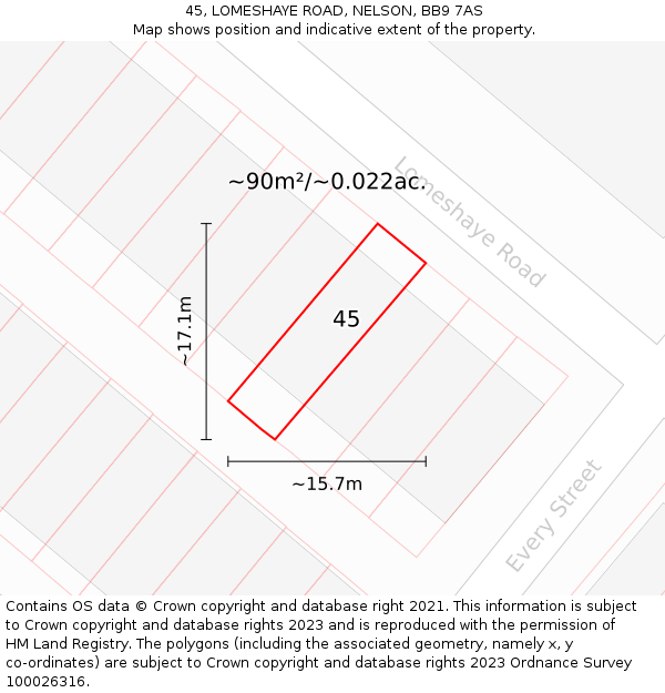 45, LOMESHAYE ROAD, NELSON, BB9 7AS: Plot and title map