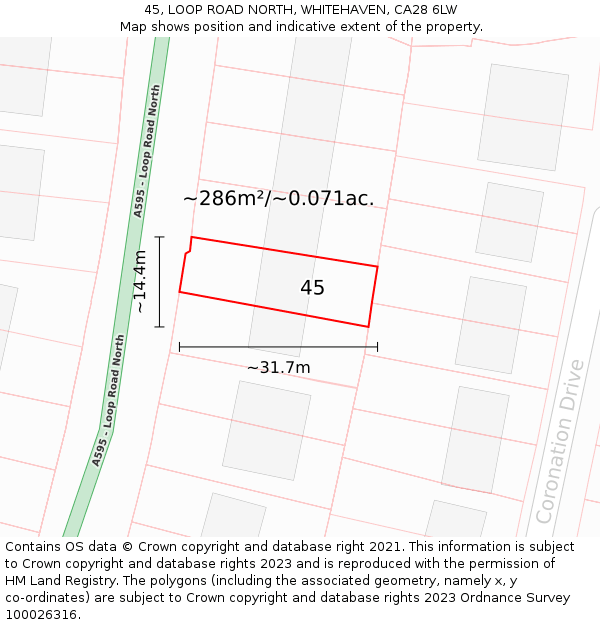 45, LOOP ROAD NORTH, WHITEHAVEN, CA28 6LW: Plot and title map