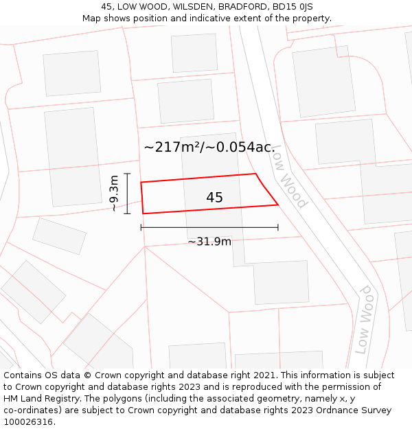 45, LOW WOOD, WILSDEN, BRADFORD, BD15 0JS: Plot and title map