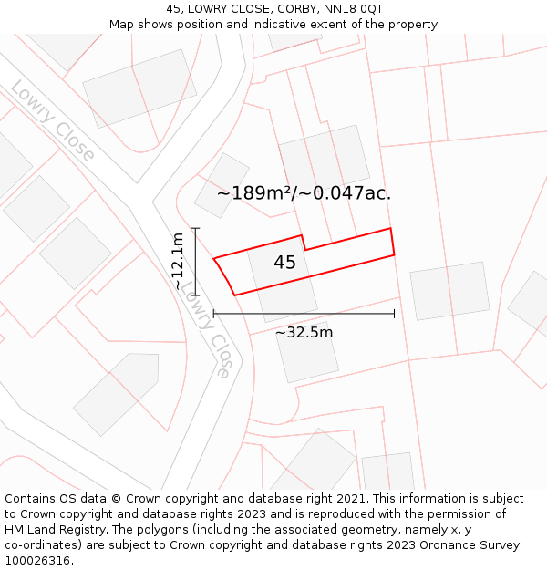 45, LOWRY CLOSE, CORBY, NN18 0QT: Plot and title map